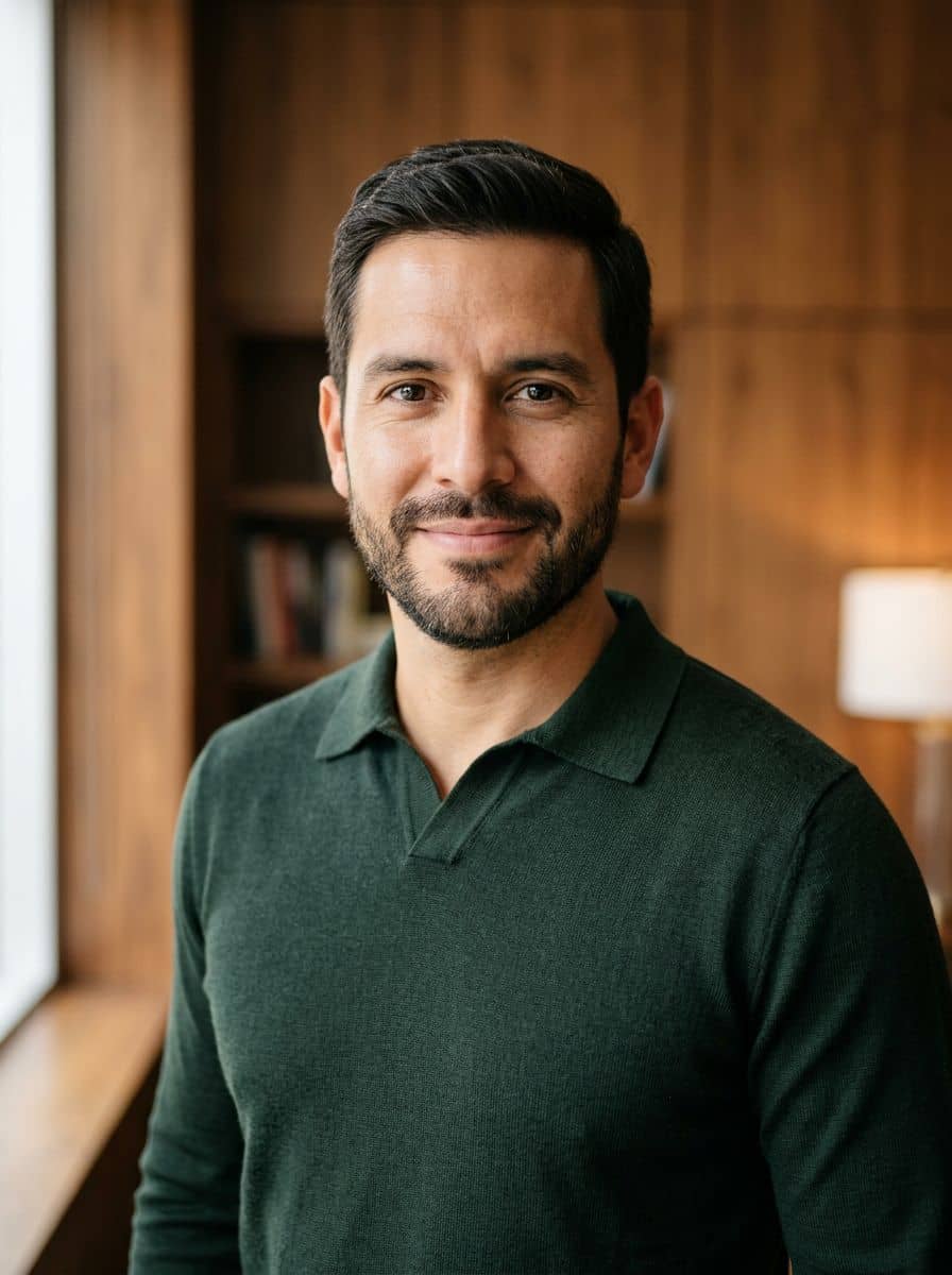 Forest Knit Polo - Wood Paneled Wall - man business headshot
