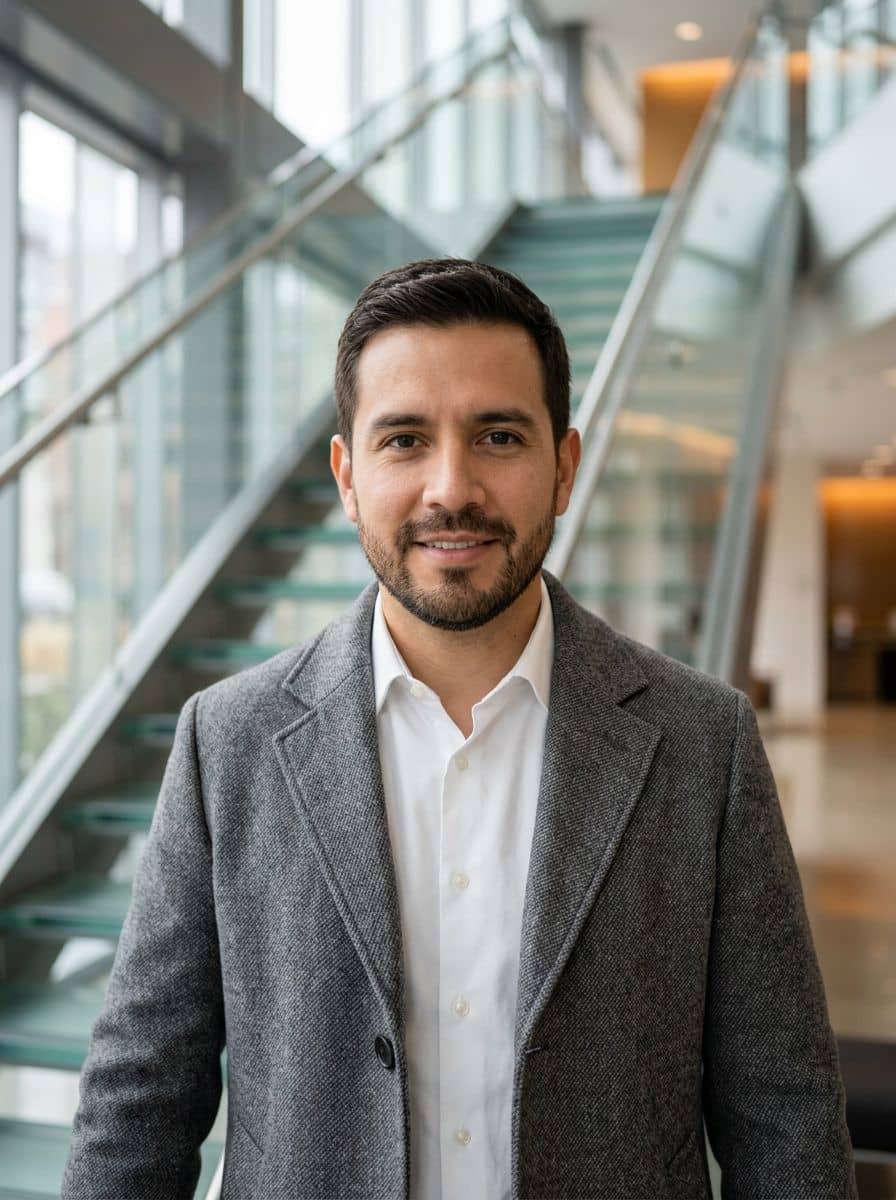 Gray Wool Coat - Glass Stairwell - man business headshot