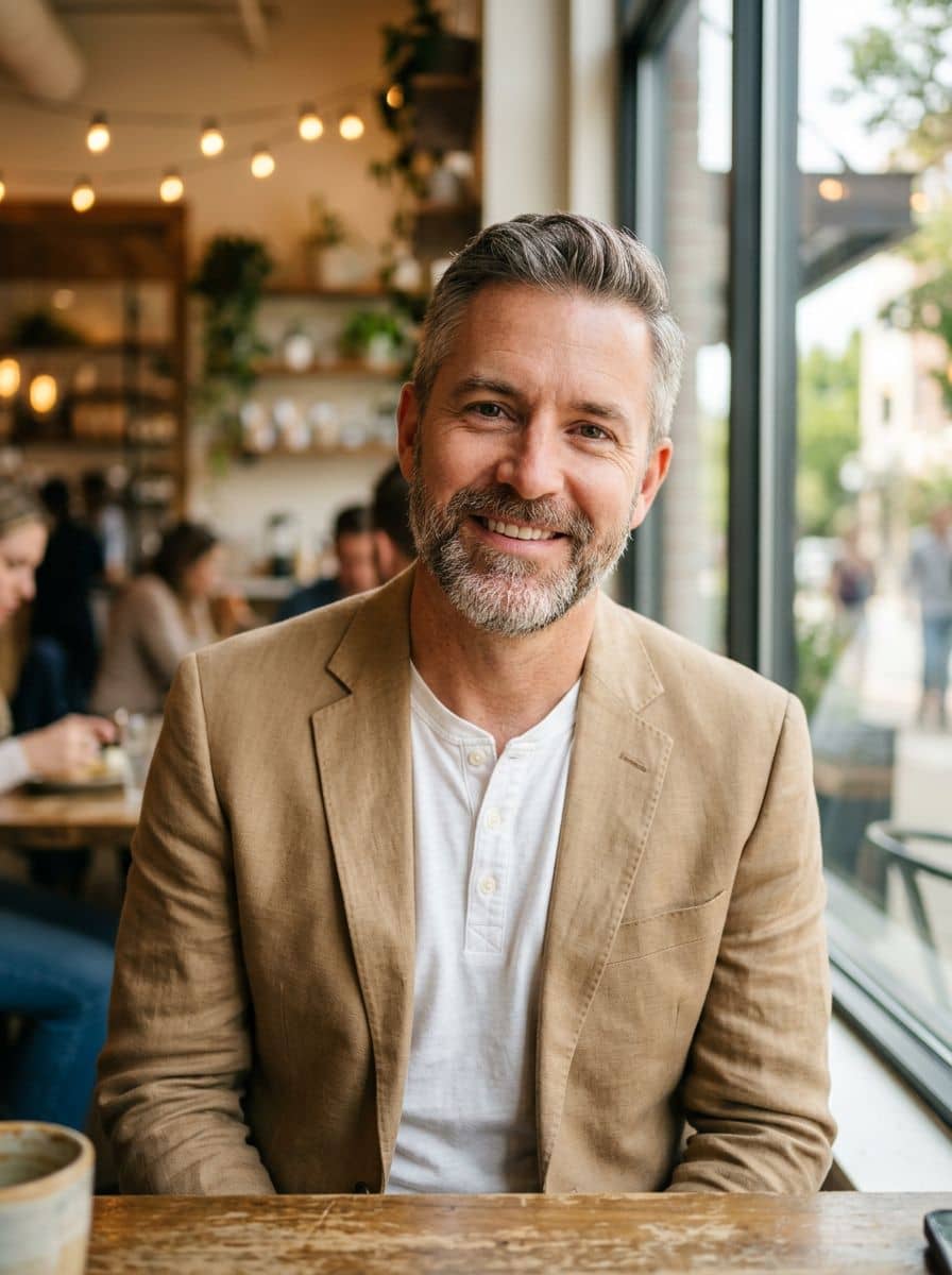 Tan Blazer White - Cafe Window - man business headshot