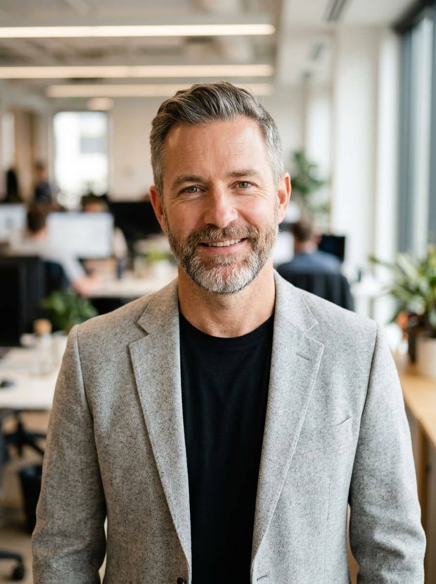 Gray Blazer Tee - Open Plan Office - man business headshot
