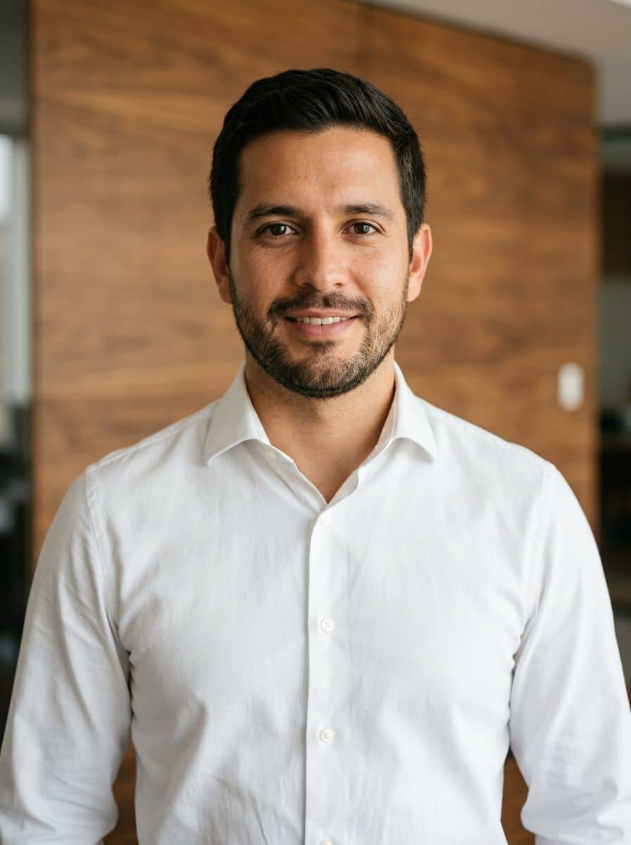 White Shirt Open - Wood Paneled Wall - man business headshot