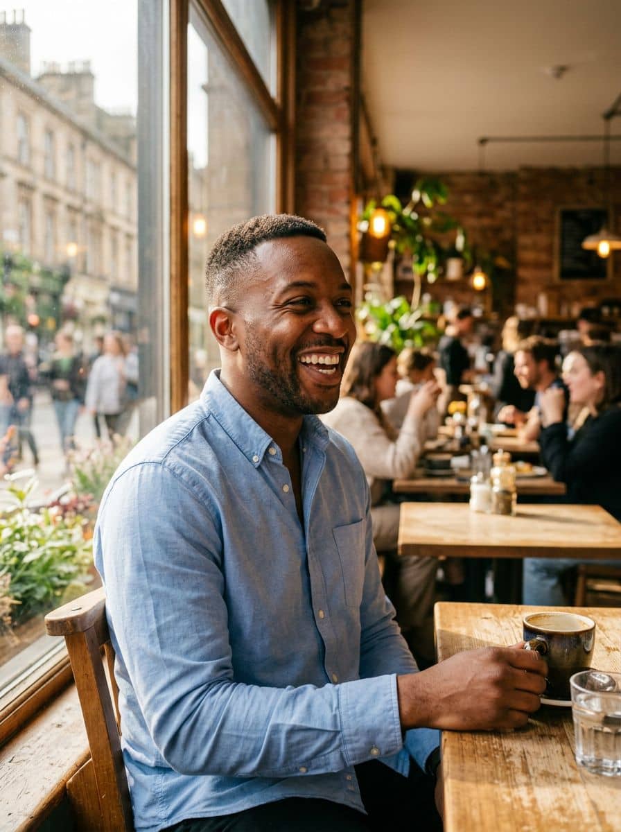 Oxford Shirt Open - Coffee Window - man dating profile photo