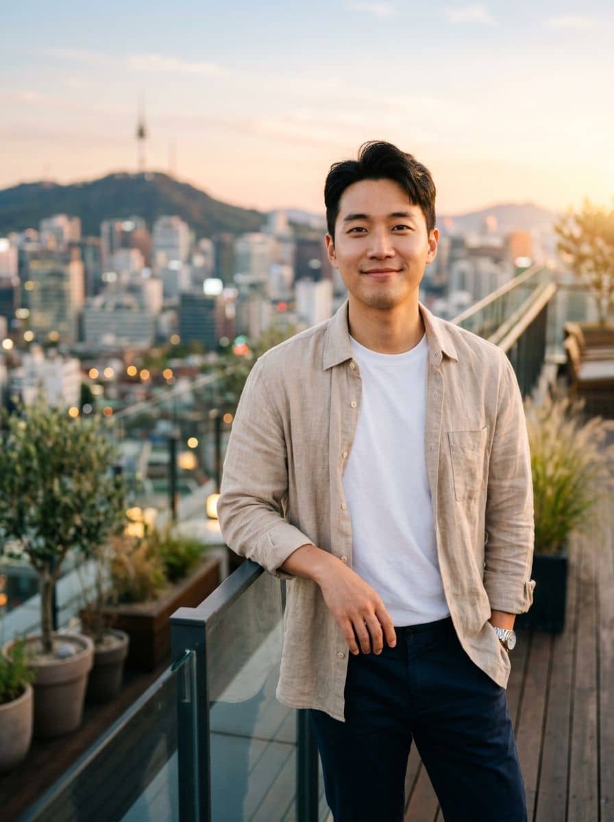 Beige Overshirt - Rooftop Golden - man dating profile photo
