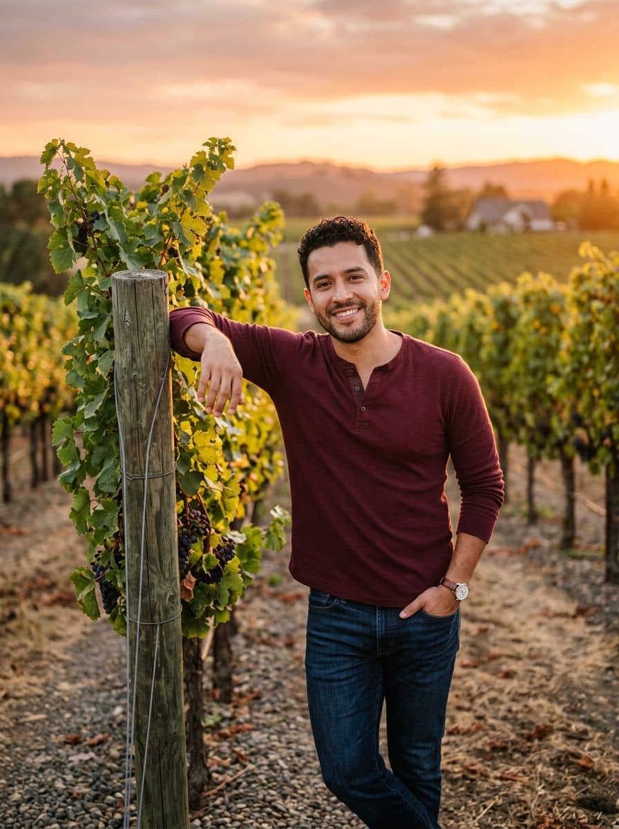 Burgundy Henley - Vineyard Sunset - man dating profile photo