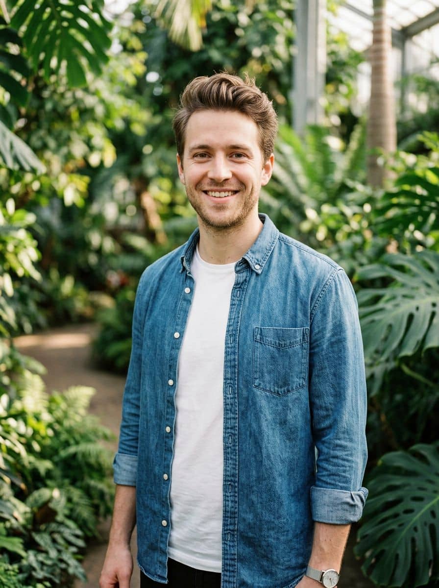Denim Shirt Tee - Botanical Garden - man dating profile photo