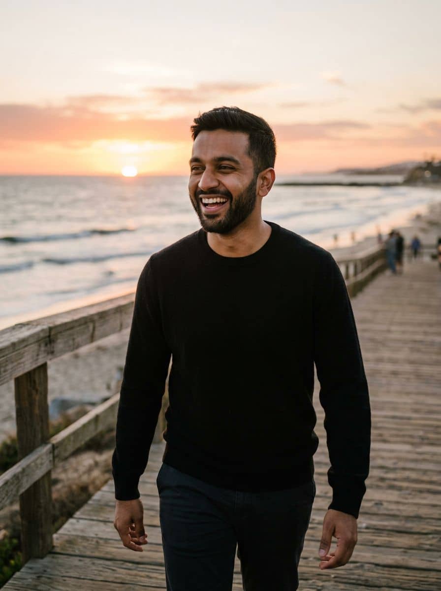 Black Knit Crew - Beach Boardwalk - man dating profile photo