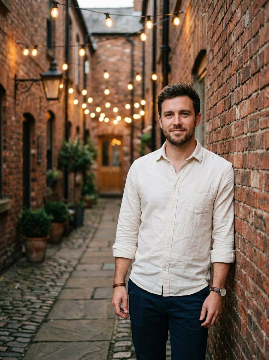 Cream Linen Shirt - Brick String Light - man dating profile photo