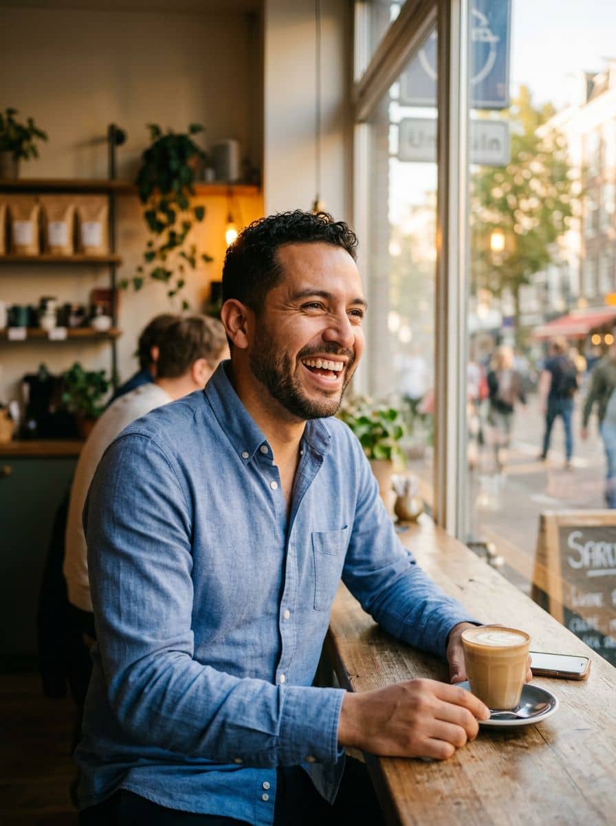 Oxford Shirt Open - Coffee Window - man dating profile photo