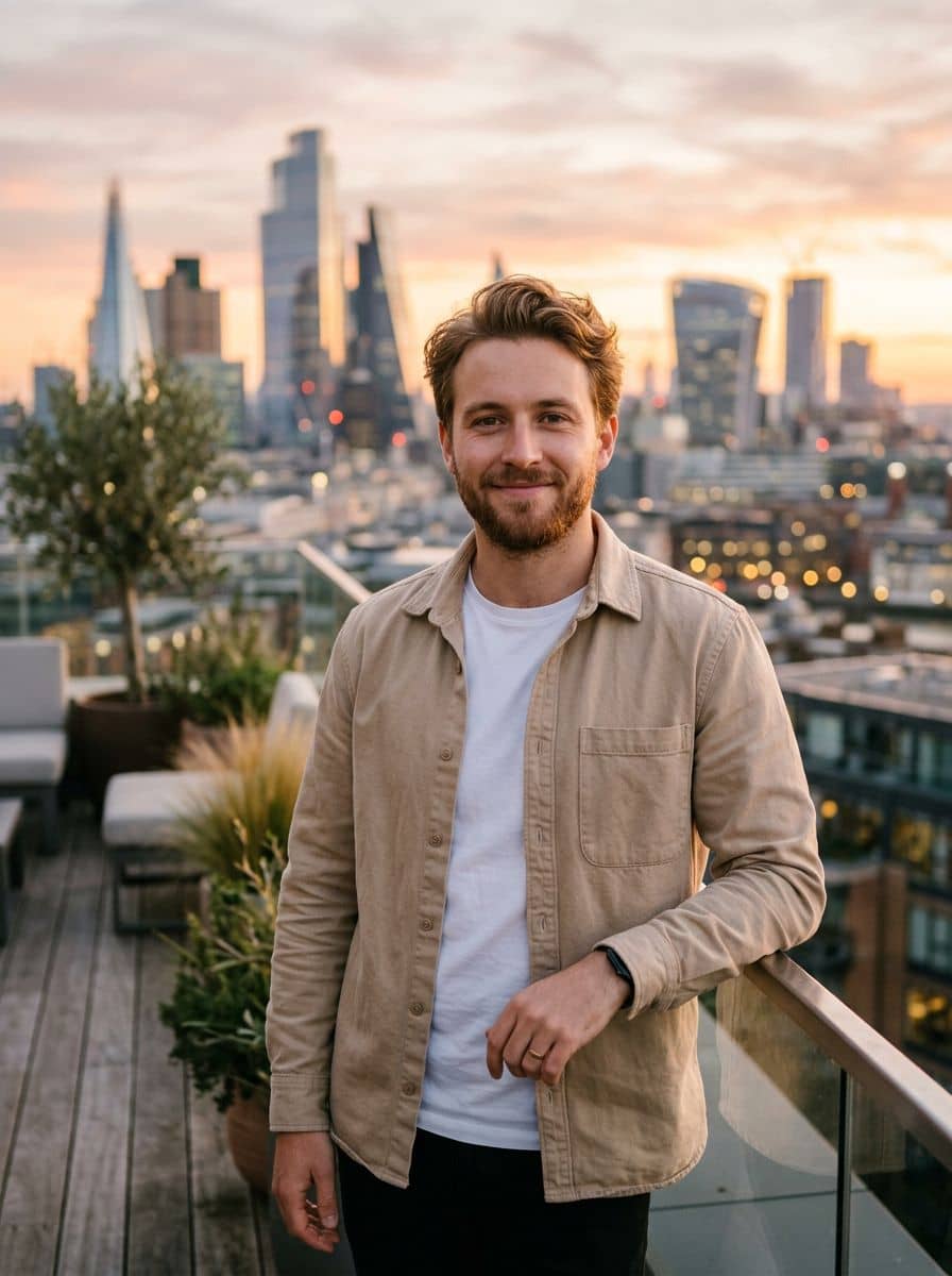 Beige Overshirt - Rooftop Golden - man dating profile photo