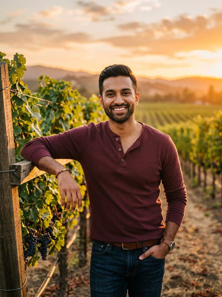 Burgundy Henley - Vineyard Sunset - man dating profile photo