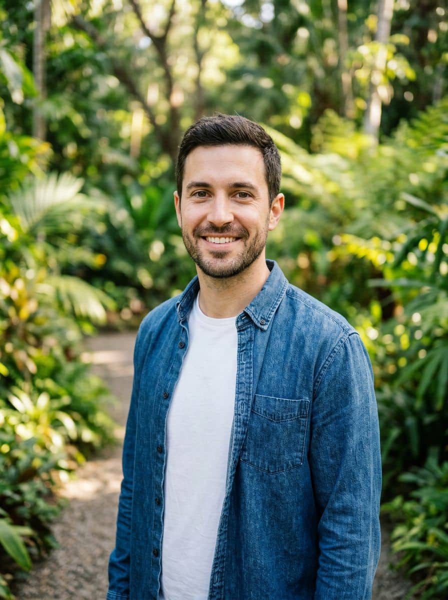 Denim Shirt Tee - Botanical Garden - man dating profile photo