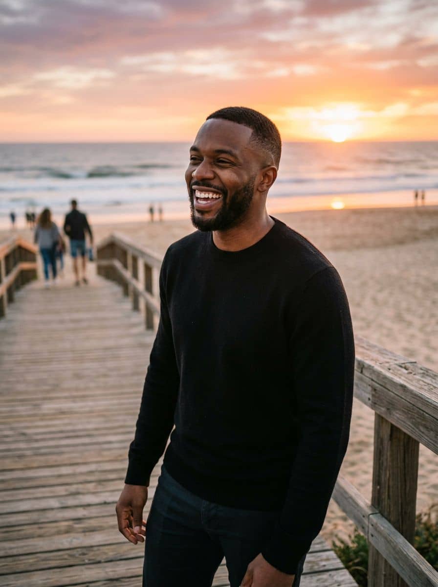 Black Knit Crew - Beach Boardwalk - man dating profile photo
