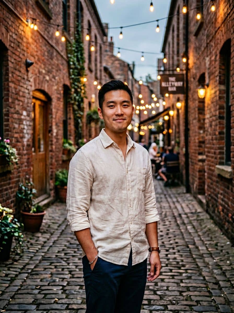 Cream Linen Shirt - Brick String Light - man dating profile photo
