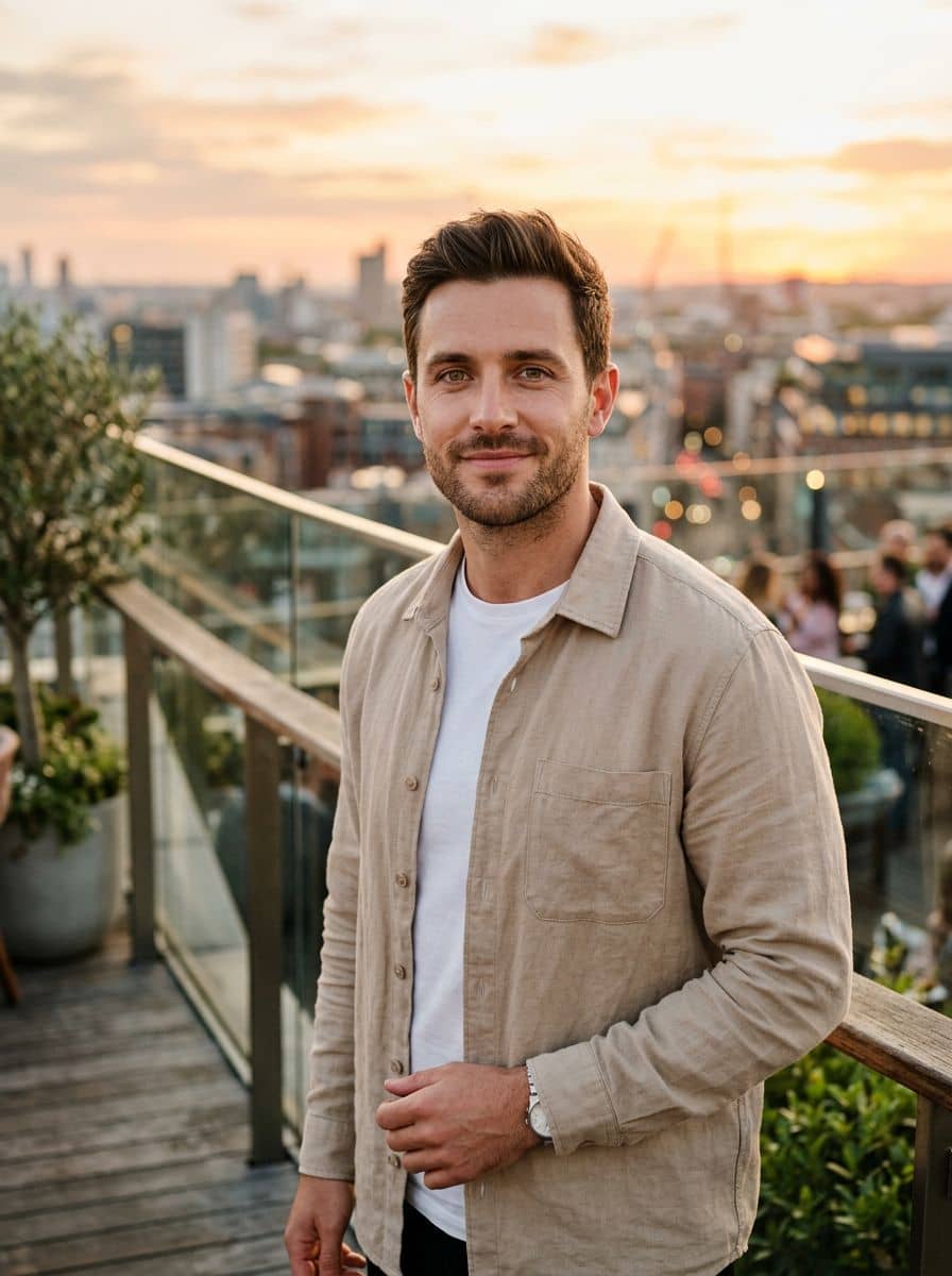 Beige Overshirt - Rooftop Golden - man dating profile photo