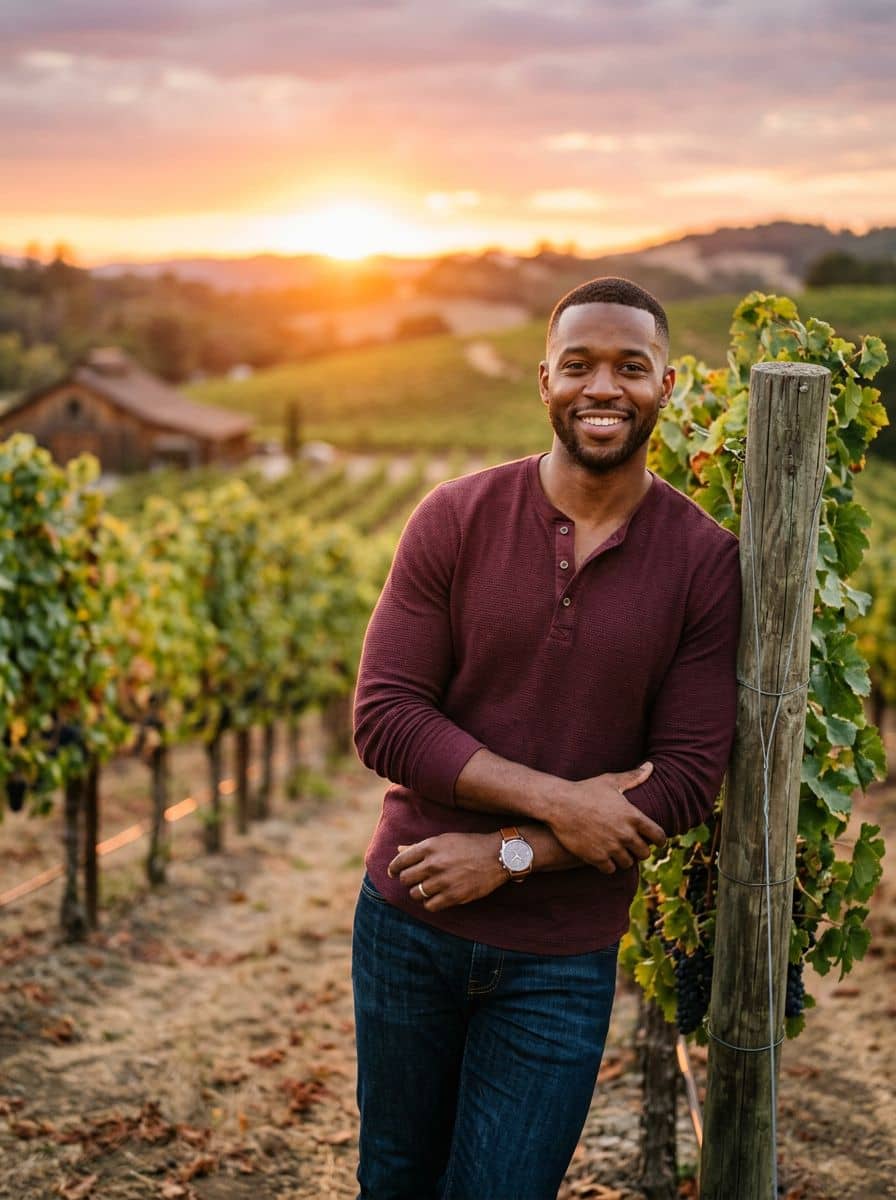 Burgundy Henley - Vineyard Sunset - man dating profile photo