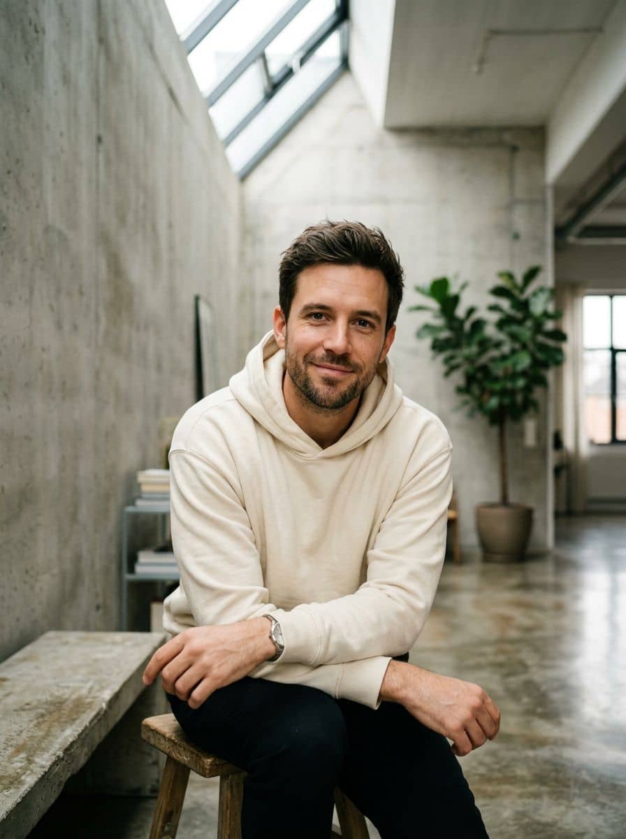 Cream Hoodie - Concrete Loft - man social media portrait