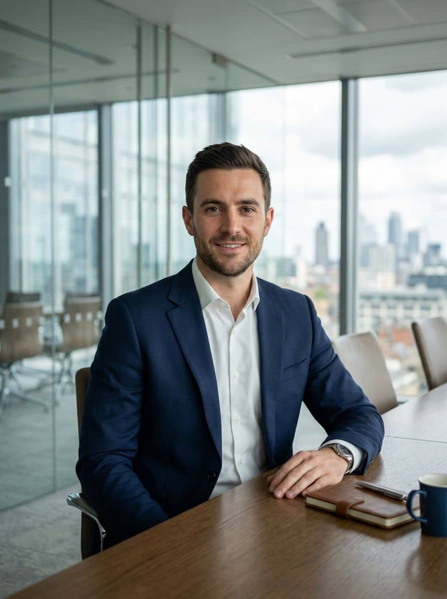 Navy Suit NoTie - Glass Boardroom - man business headshot