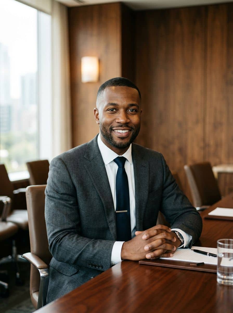 Charcoal Suit Tie - Wood Boardroom - man business headshot
