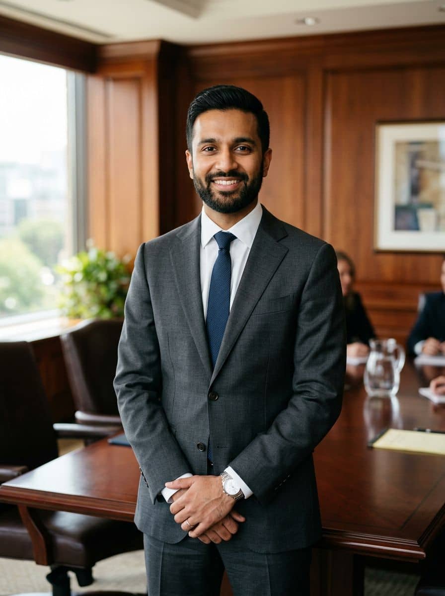 Charcoal Suit Tie - Wood Boardroom - man business headshot