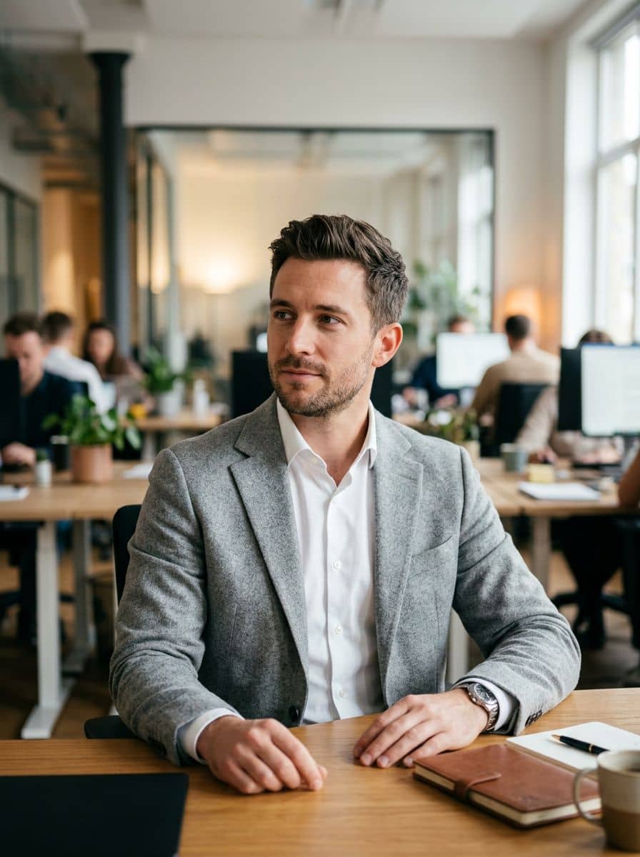 Grey Blazer Shirt - Open Plan Office - man business headshot